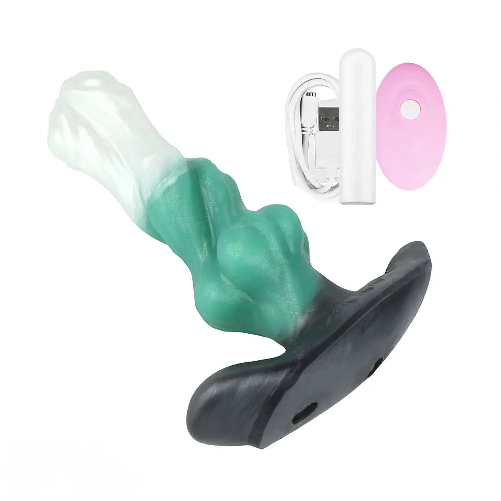 Green and black knotted strap-on dildo with harness, photo 4