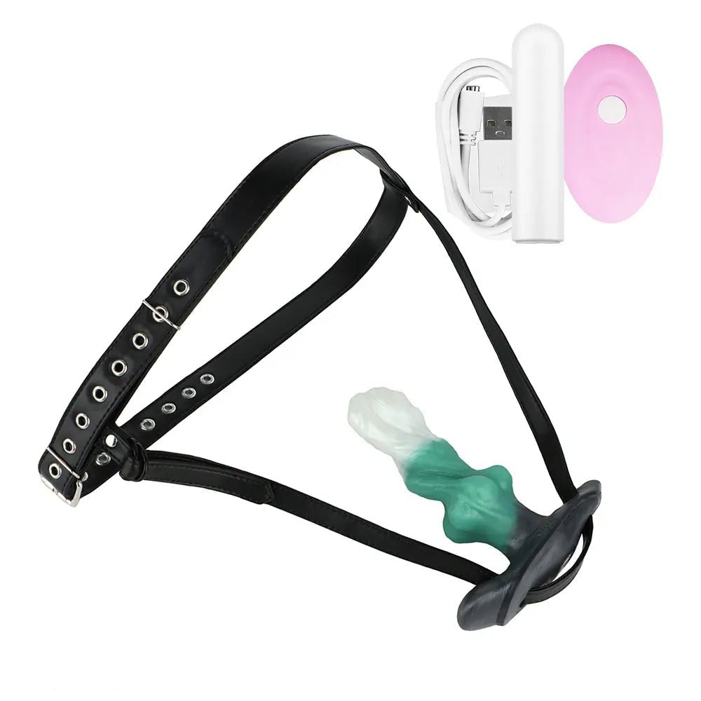 Green and black knotted strap-on dildo with harness, photo 6