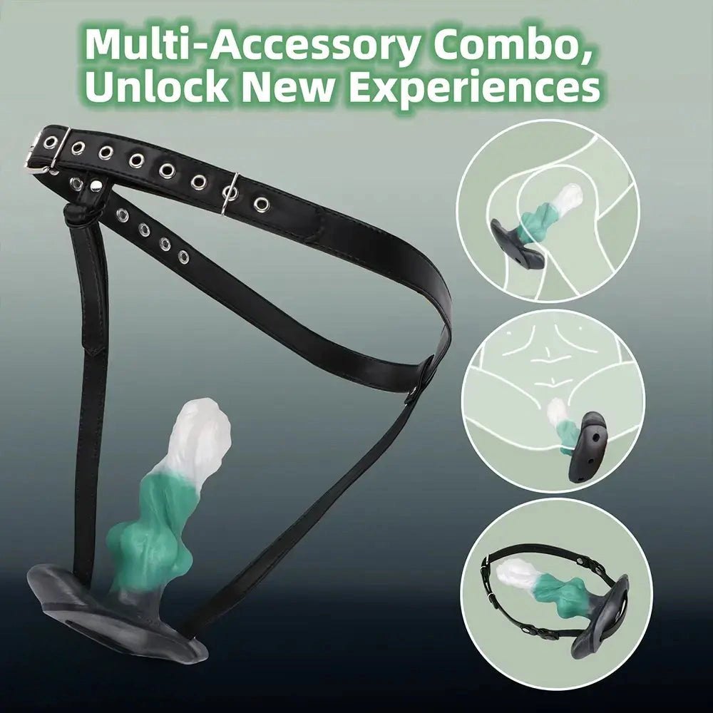 Green and black knotted strap-on dildo with harness, photo 9