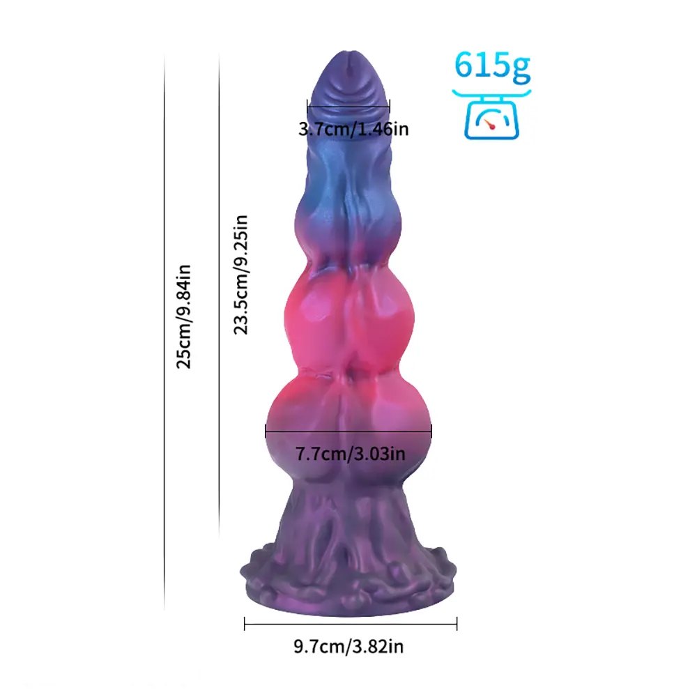 A knotted ridged silicone suction cup dildo