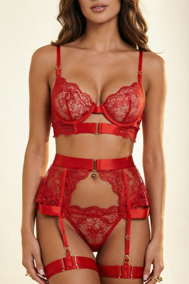 Red lace bra panty belt buckle garter set