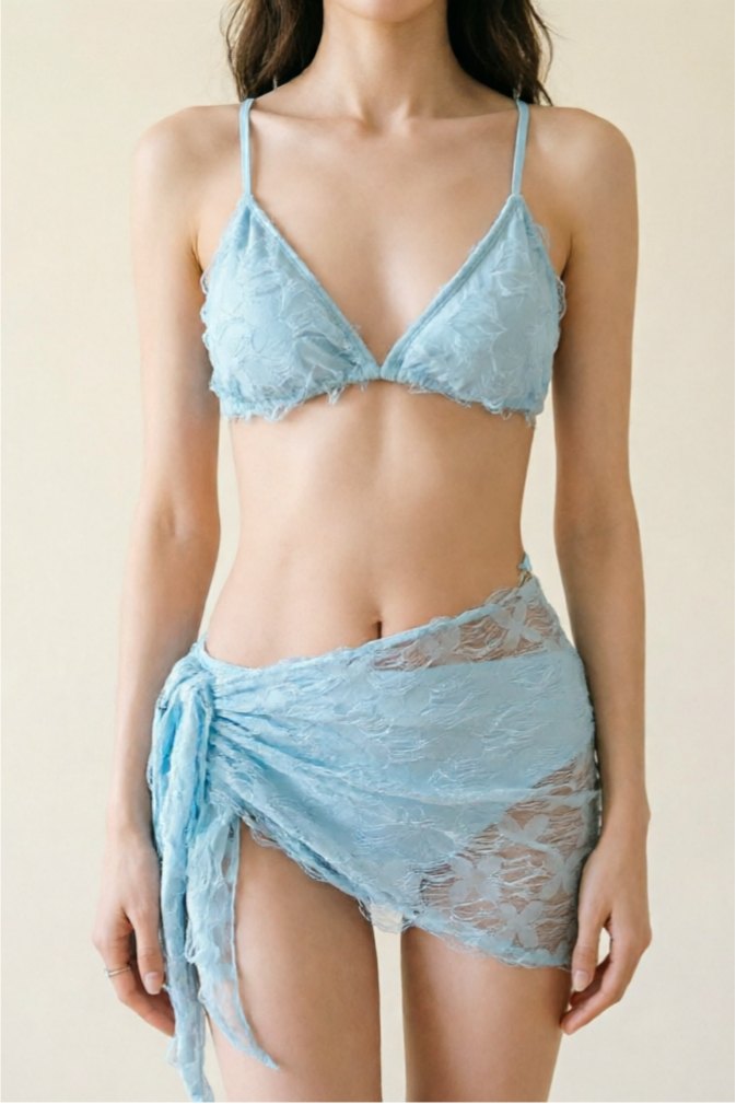 Blue lace bralette wrap skirt lingerie set
