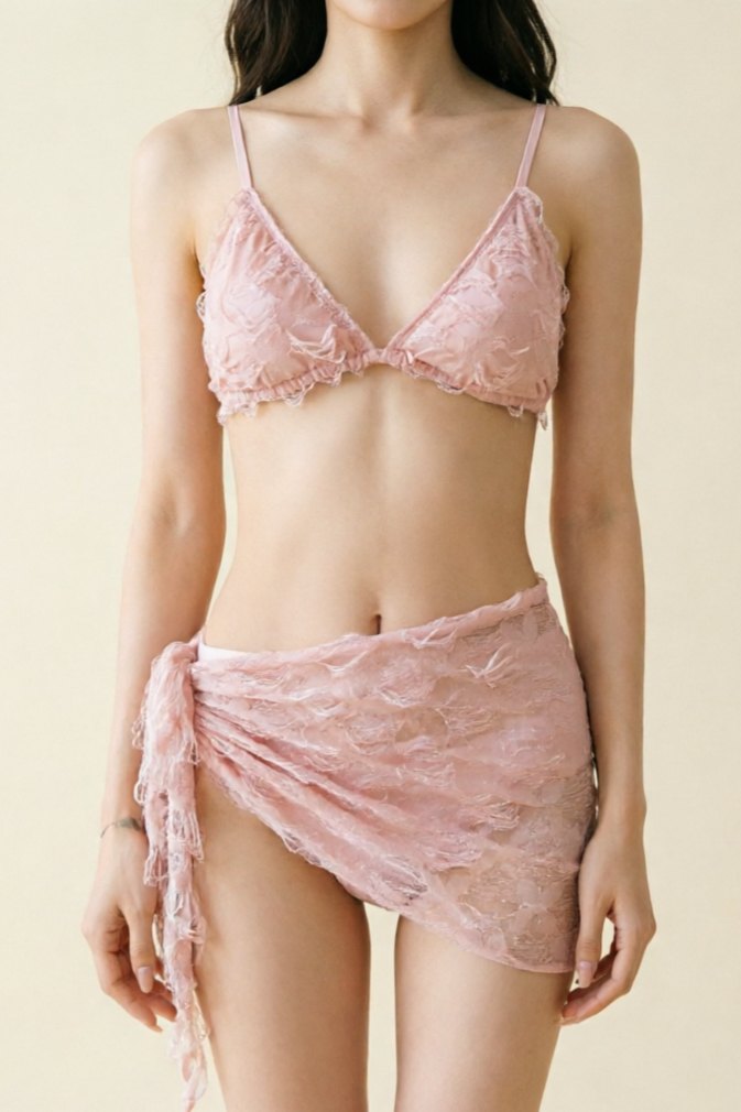 Pink lace bralette wrap skirt lingerie set