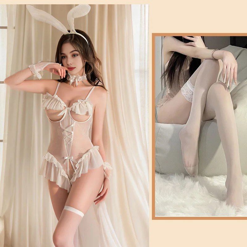 White & Mesh Stockings lace bunny cosplay bodysuit