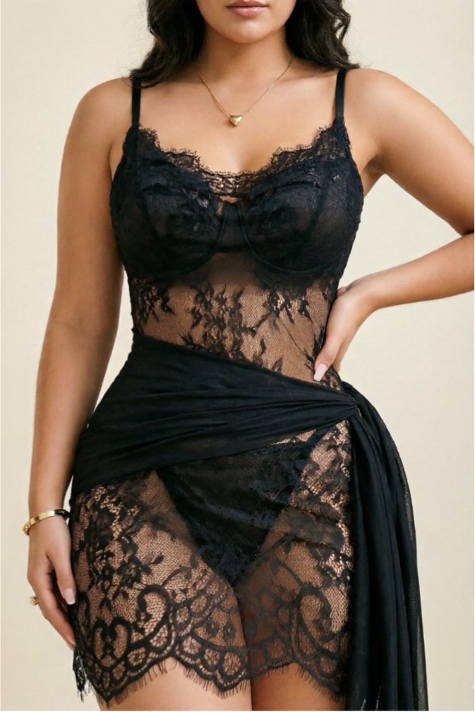 Black lace bustier camisole side tie wrap nightgown
