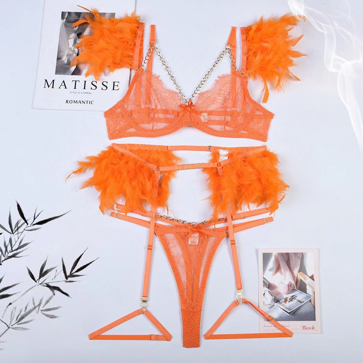 Lace chain feather four piece lingerie set, photo 13