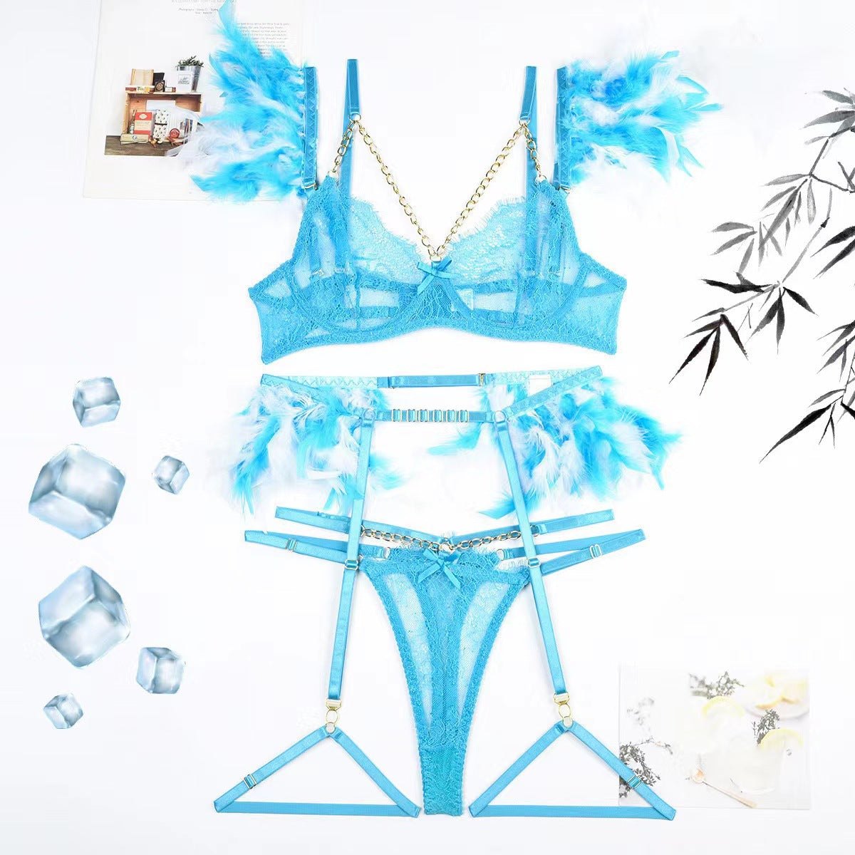 Lace chain feather four piece lingerie set, photo 17