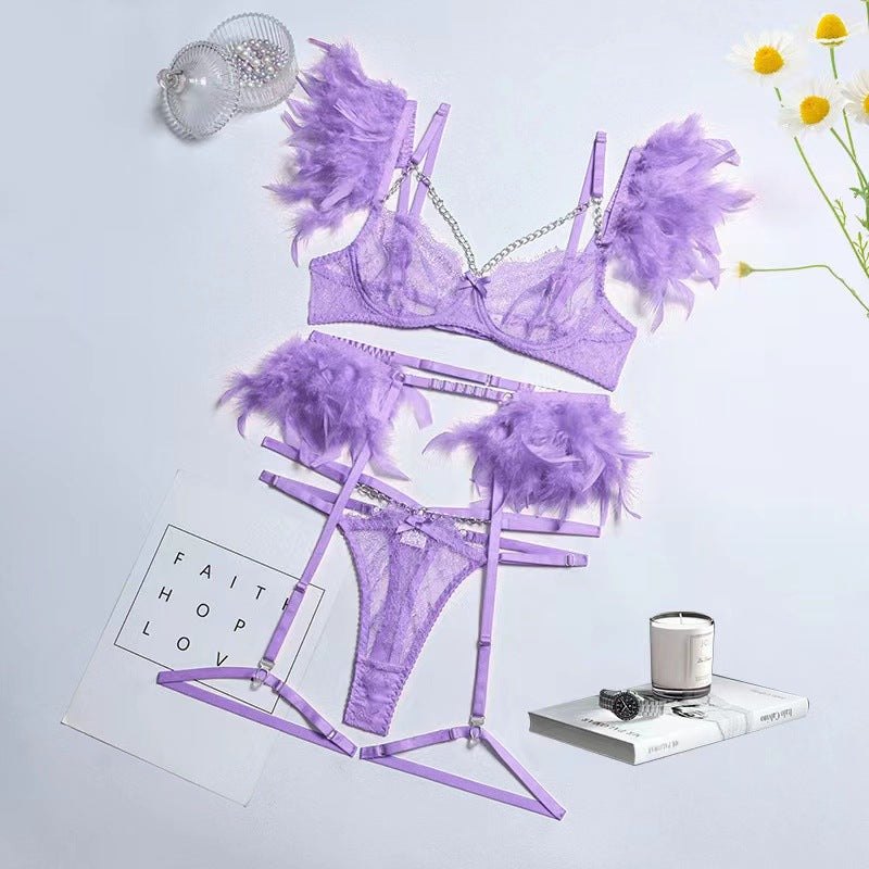 Lace chain feather four piece lingerie set, photo 18