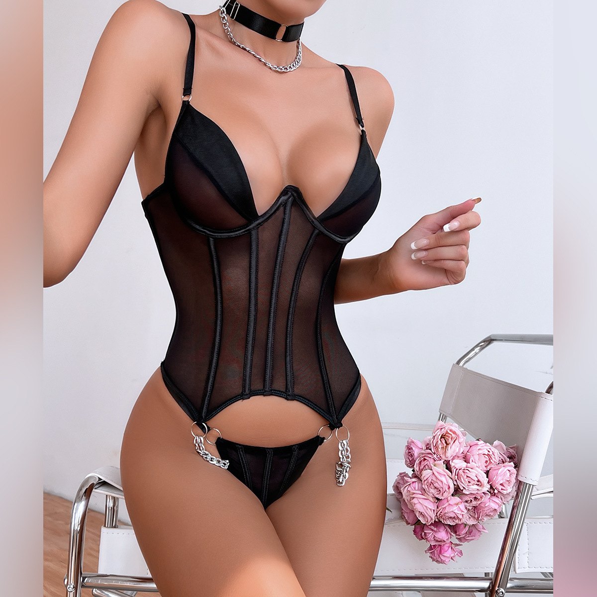 Lace corset top and sheer mesh thong set, photo 3