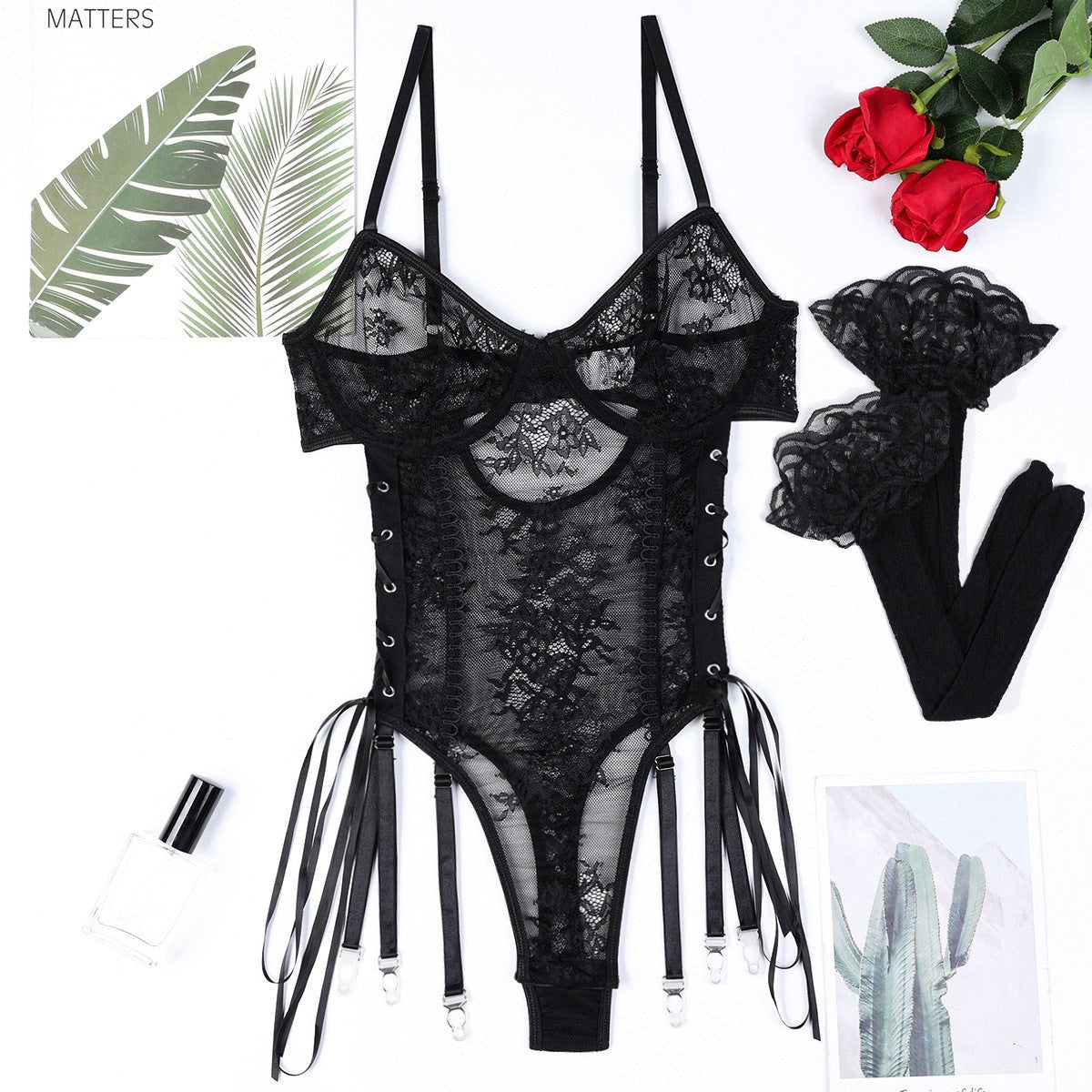 Black lace cross cutout ribbon lace-up jumpsuit