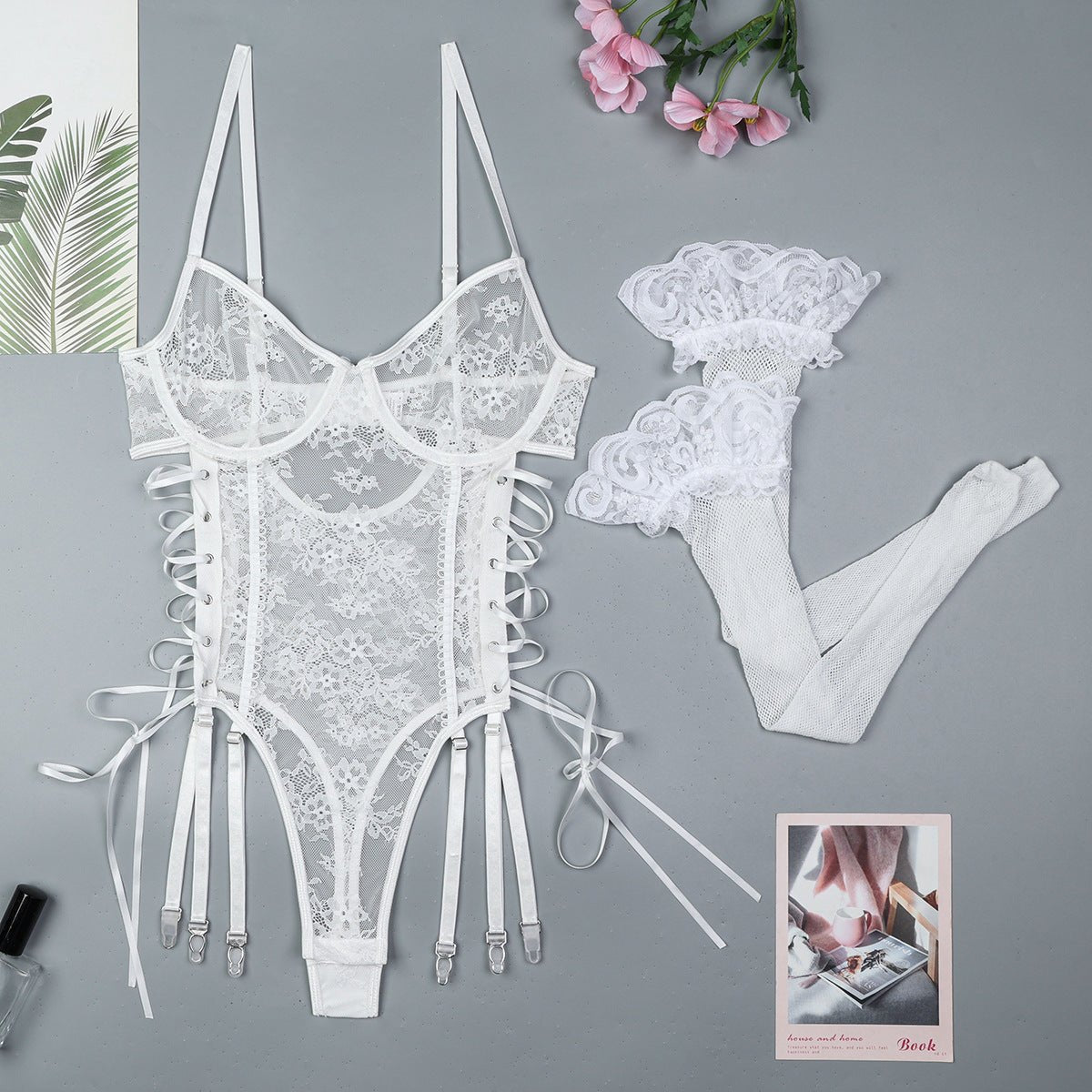 White lace cross cutout ribbon lace-up jumpsuit