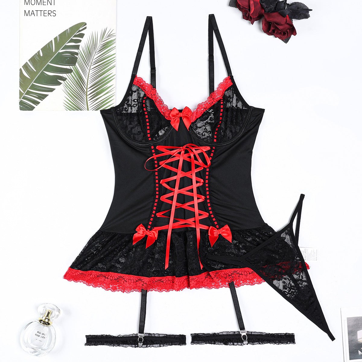Black lace cross strap bow bustier set