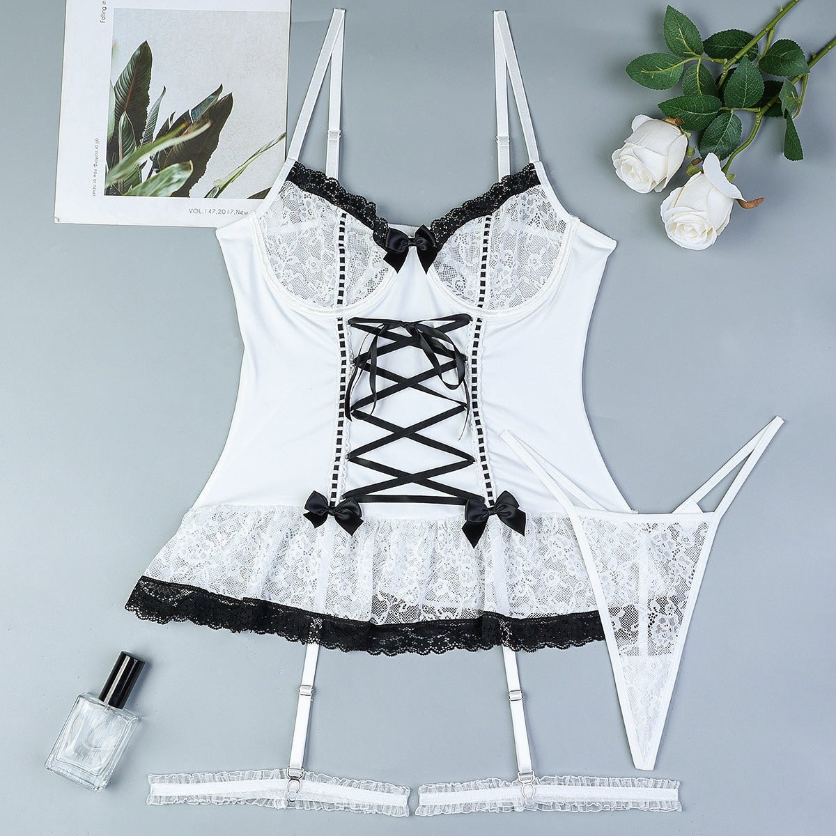 White lace cross strap bow bustier set
