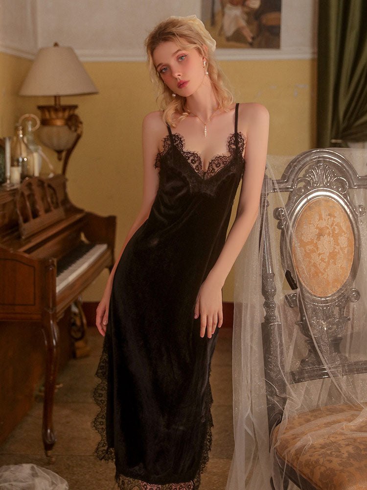 Black lace cuff satin french nightgown robe set