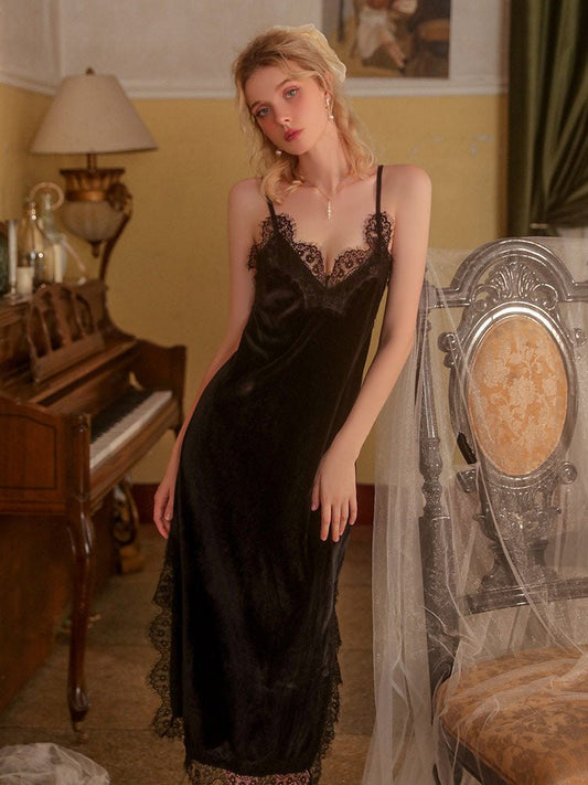 Black lace cuff satin french nightgown robe set