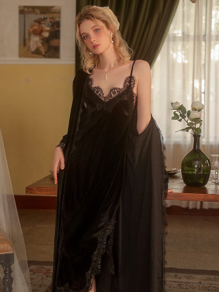 Black lace cuff satin french nightgown robe set