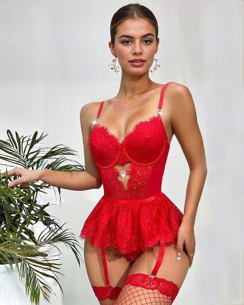Red lace cutout bodysuit mini skirt garter