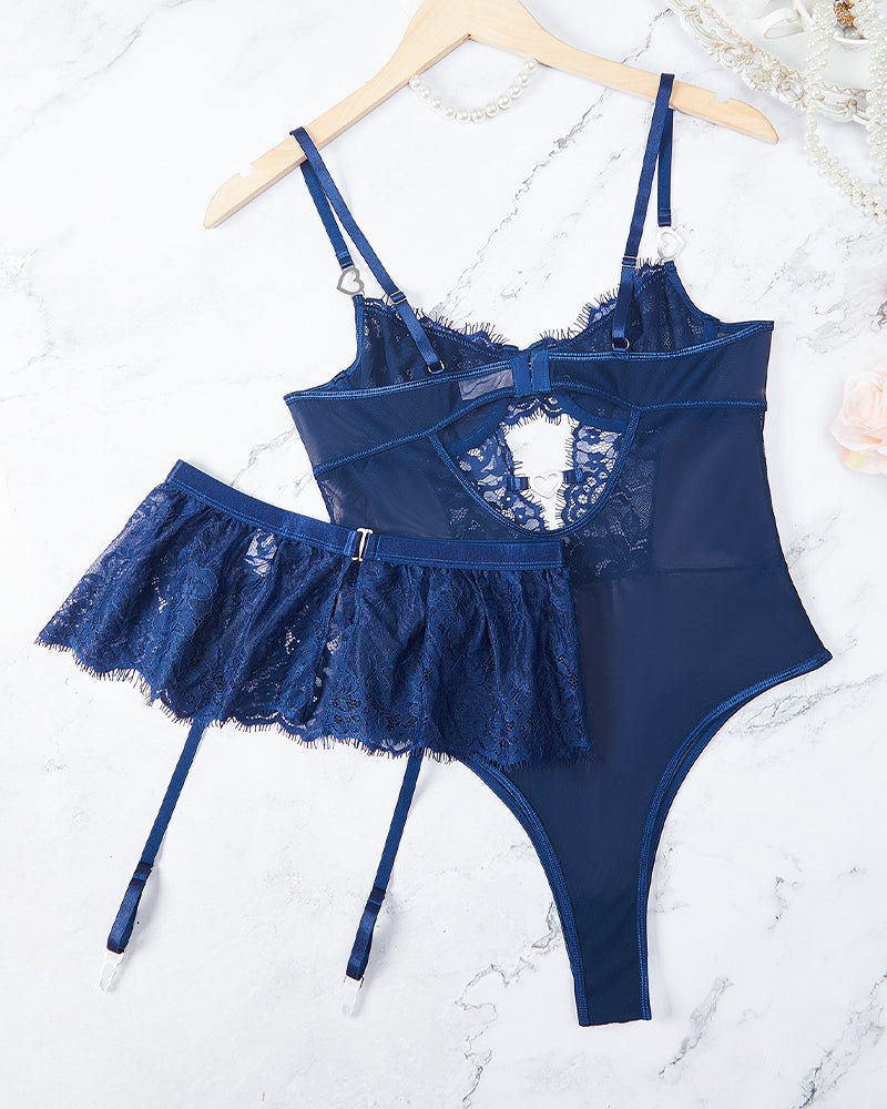 Lace cutout bodysuit mini skirt garter, photo 12