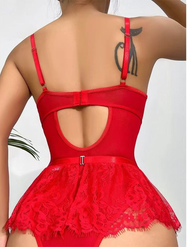 Lace cutout bodysuit mini skirt garter, photo 14