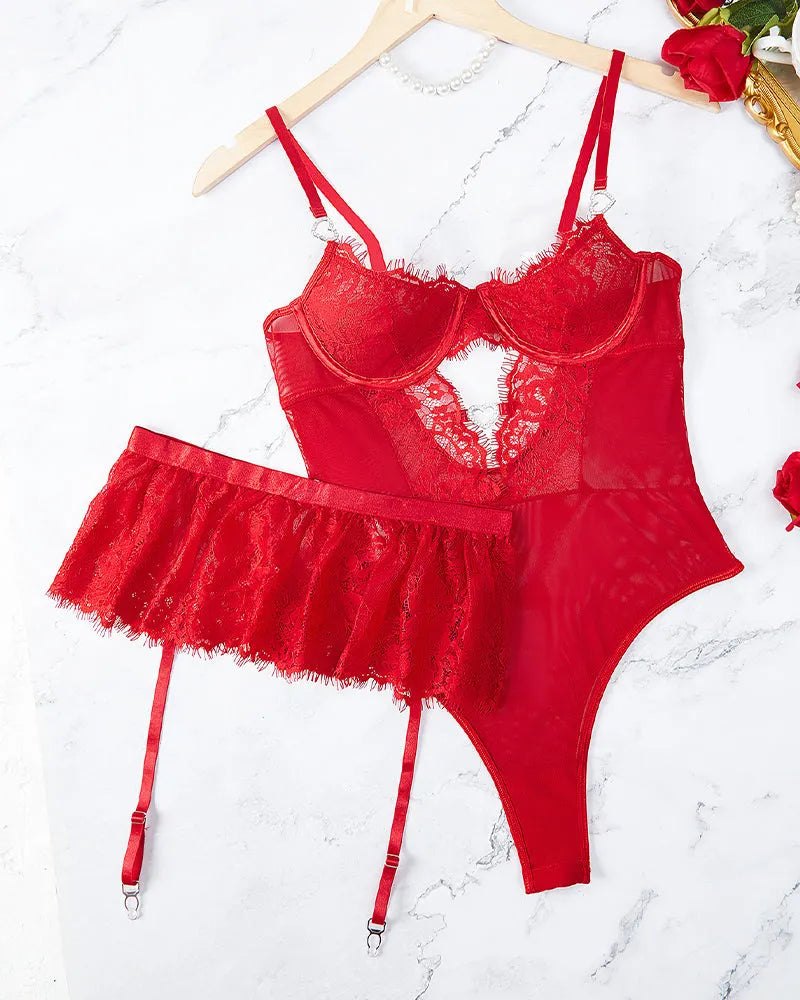Lace cutout bodysuit mini skirt garter, photo 18