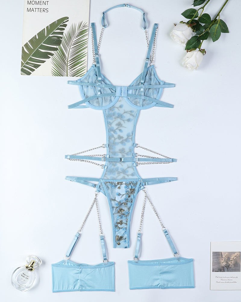 Light Blue lace embroidered chain cutout bodysuit