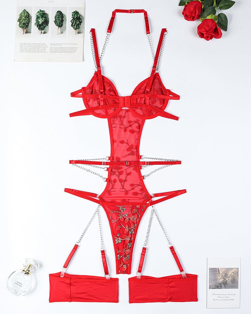 Red lace embroidered chain cutout bodysuit