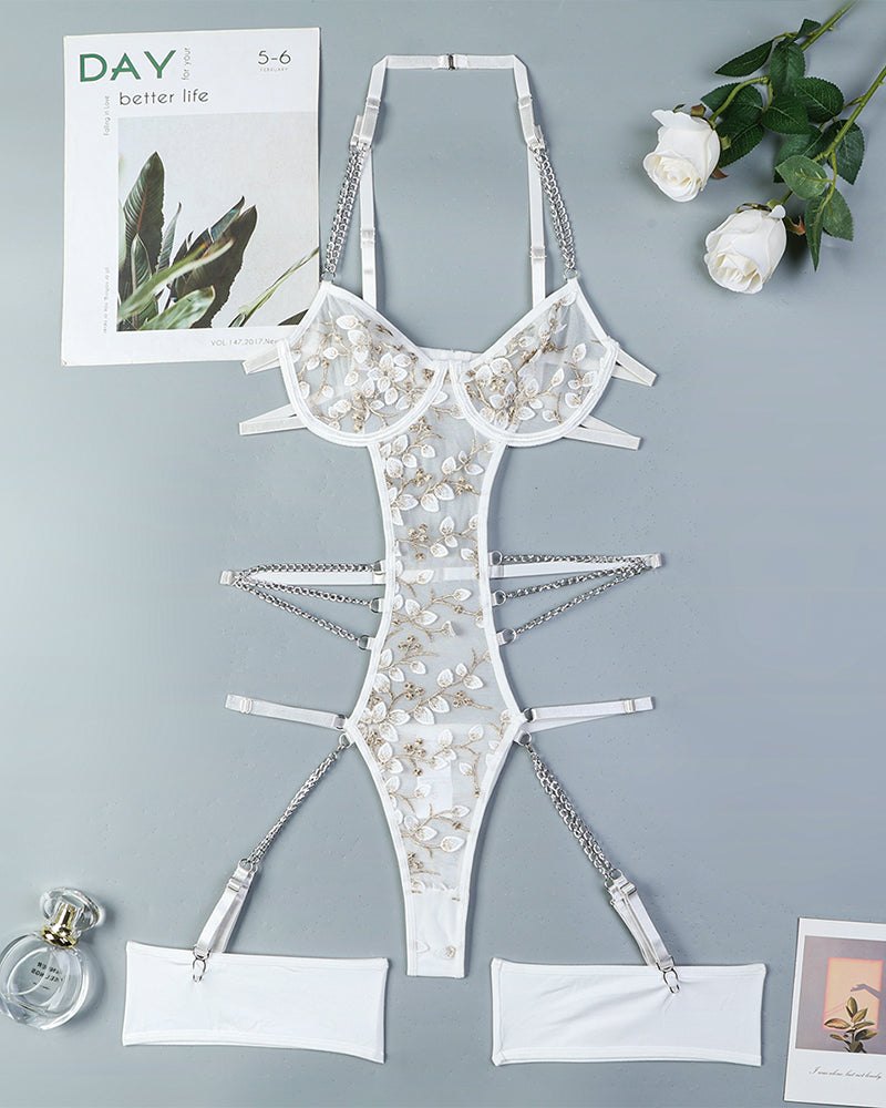 White lace embroidered chain cutout bodysuit
