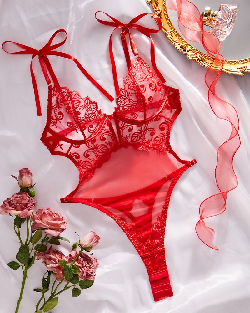 Red lace embroidery open back bodysuit
