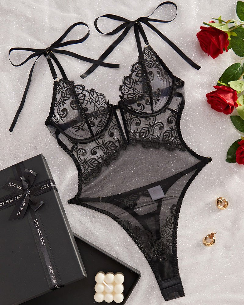 Lace embroidery open back bodysuit, photo 5