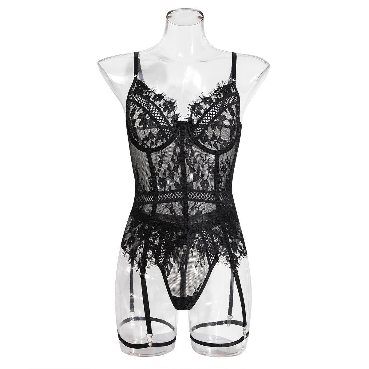 Black lace flower pattern sheer one piece bodysuit
