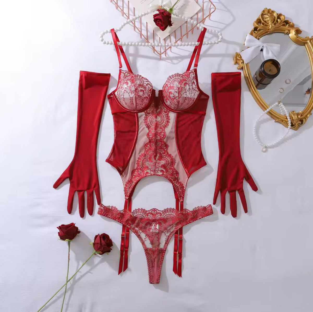Red lace garter mesh bodysuit set