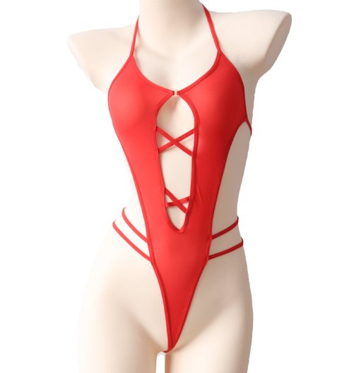 Red lace ice silk cutout bodysuit lingerie
