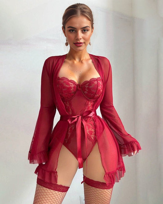 Lace kimono robe teddy sleepwear set, photo 2