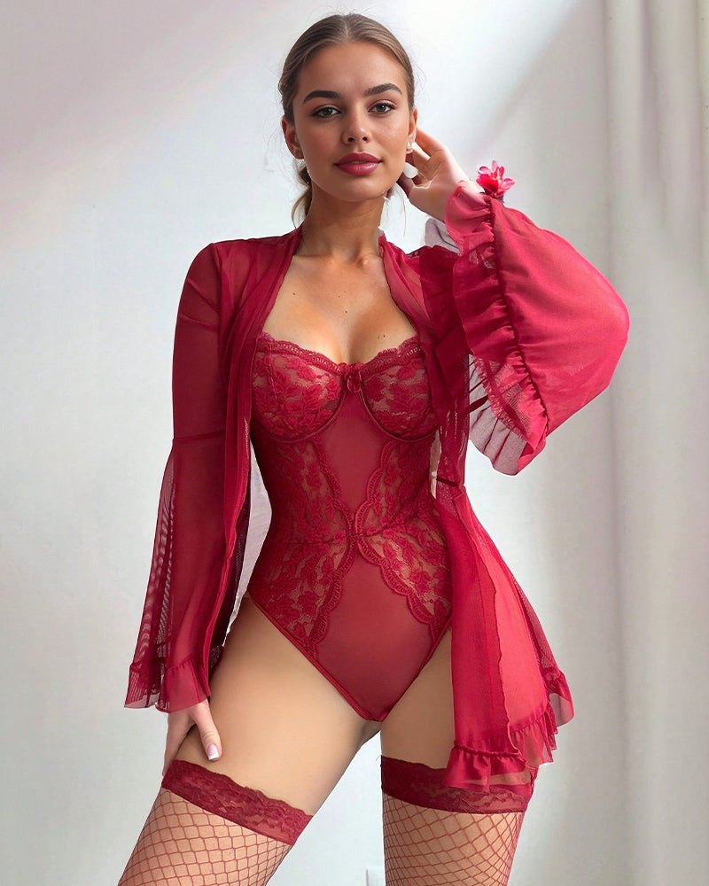 Lace kimono robe teddy sleepwear set, photo 4