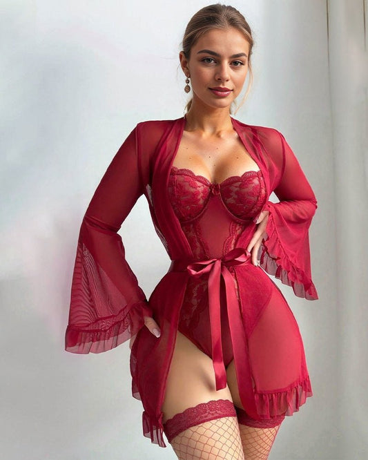 Wine Red lace kimono robe teddy sleepwear set