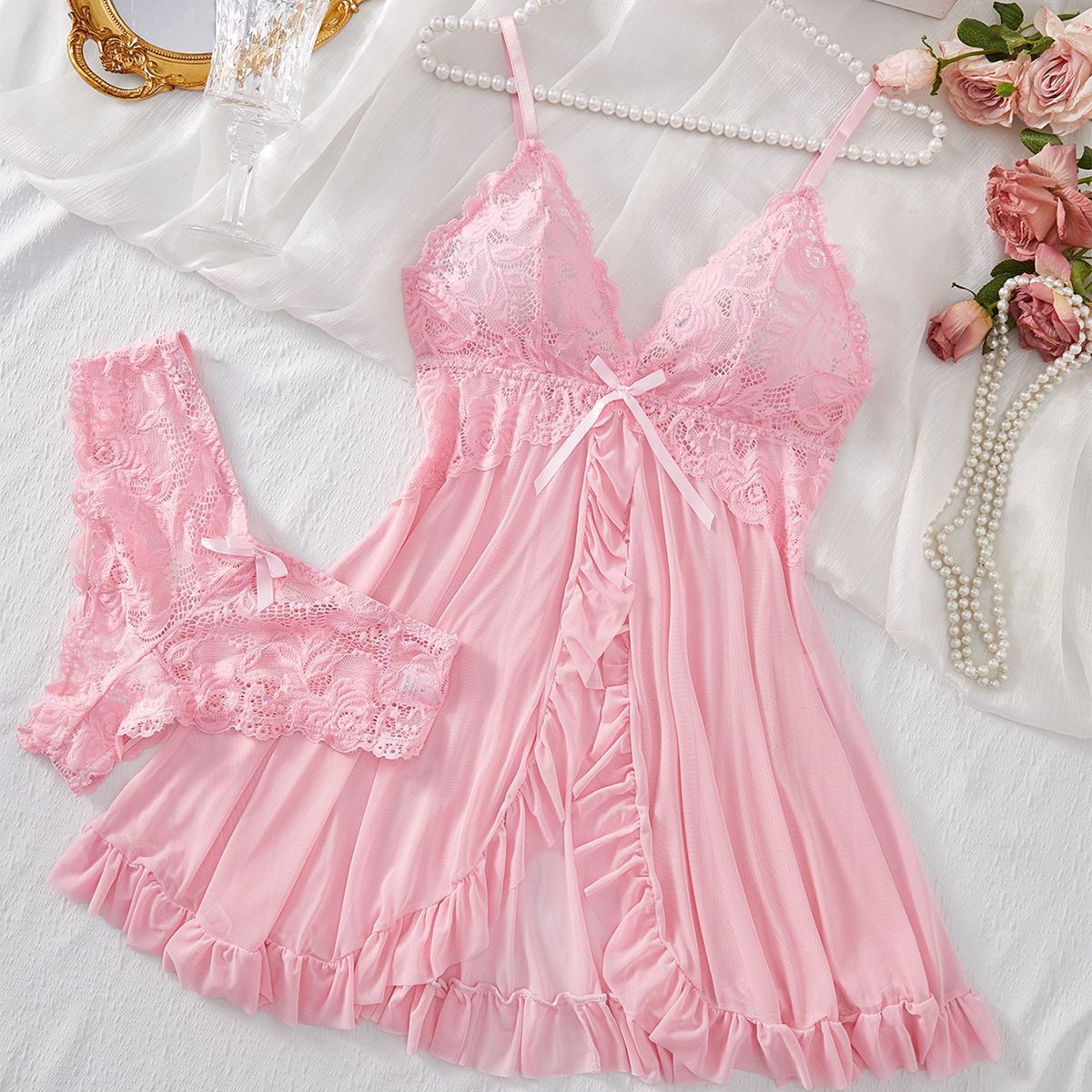Pink lace lash multi-color lingerie set