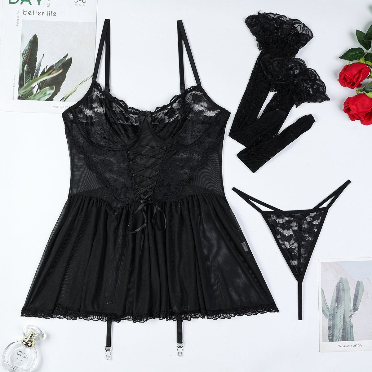 Black lace mesh cross strap suspender dress