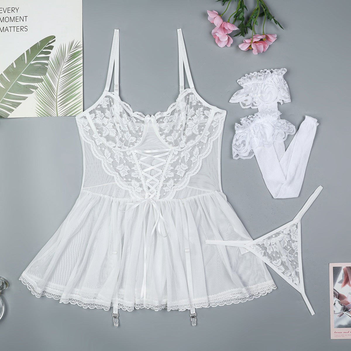 White lace mesh cross strap suspender dress