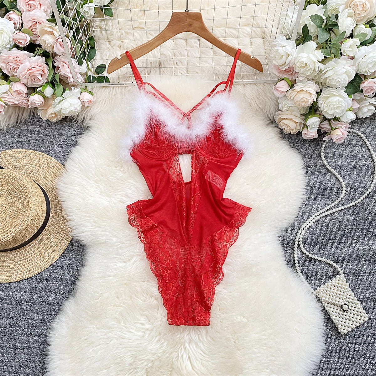 Red lace mesh jumpsuit steel ring lingerie