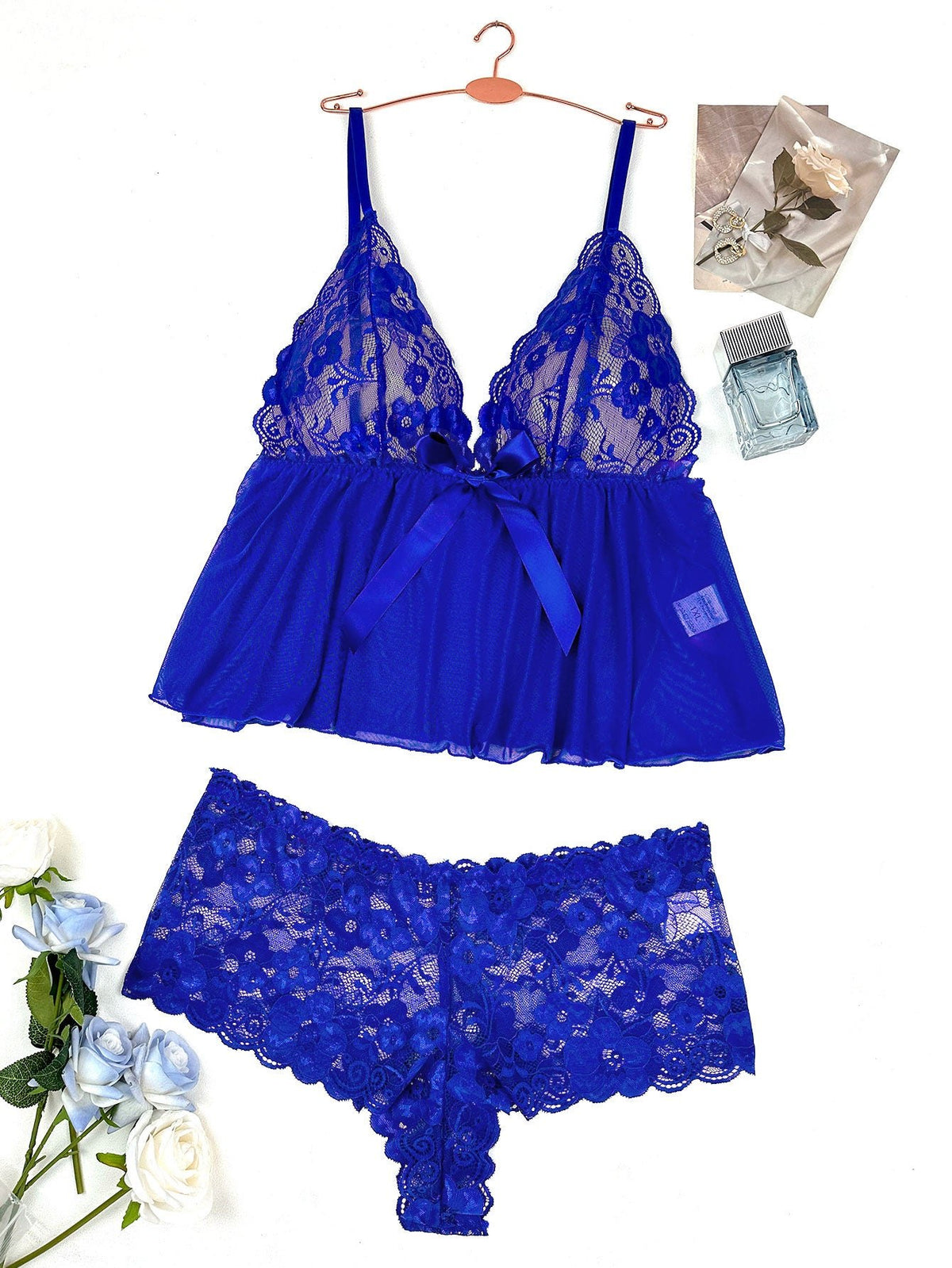 Blue lace mesh plus size babydoll set