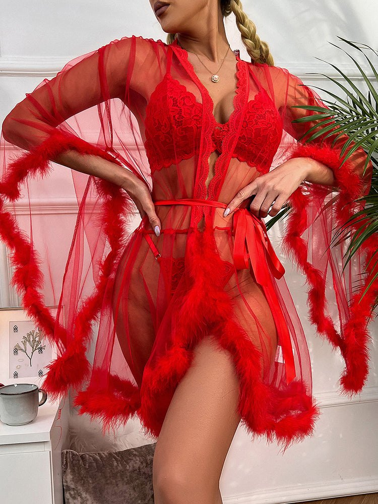 Red lace mesh see through large cuff nightgown