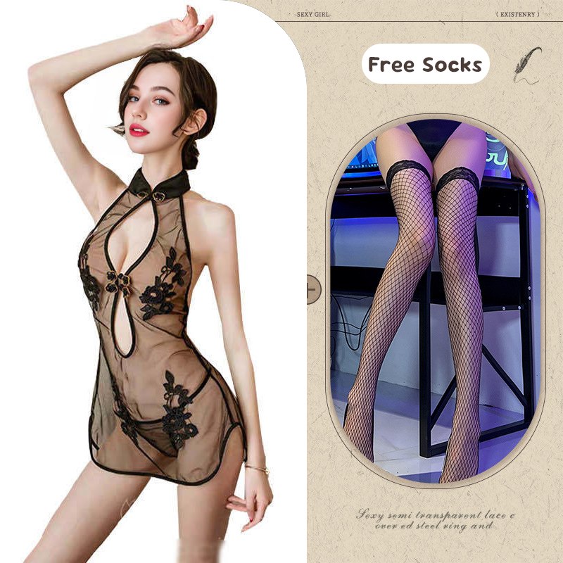 Black + Black Mesh Stockings lace mesh slit cheongsam dress chemise