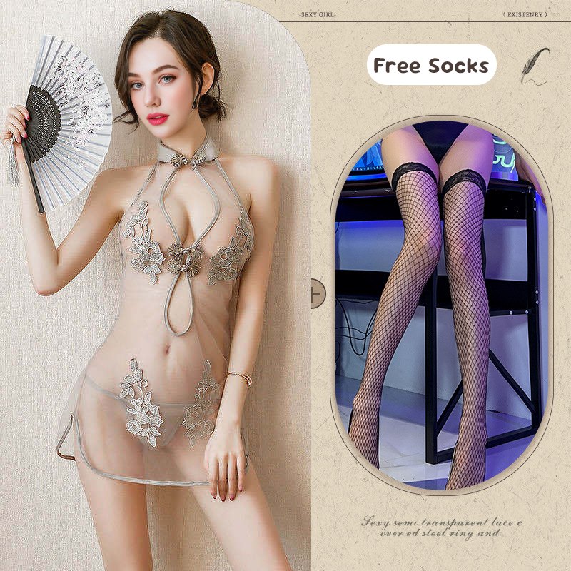 Gray + Black Mesh Stockings lace mesh slit cheongsam dress chemise