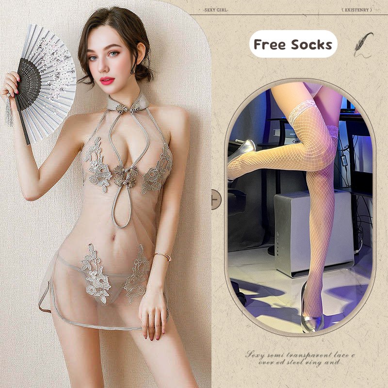 Gray + White Mesh Stockings lace mesh slit cheongsam dress chemise