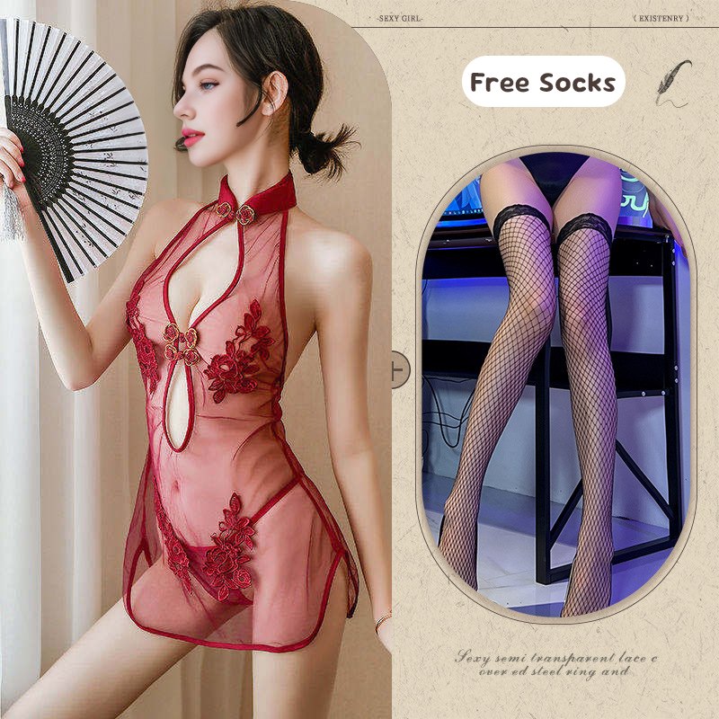 Wine Red + Black Mesh Stockings lace mesh slit cheongsam dress chemise