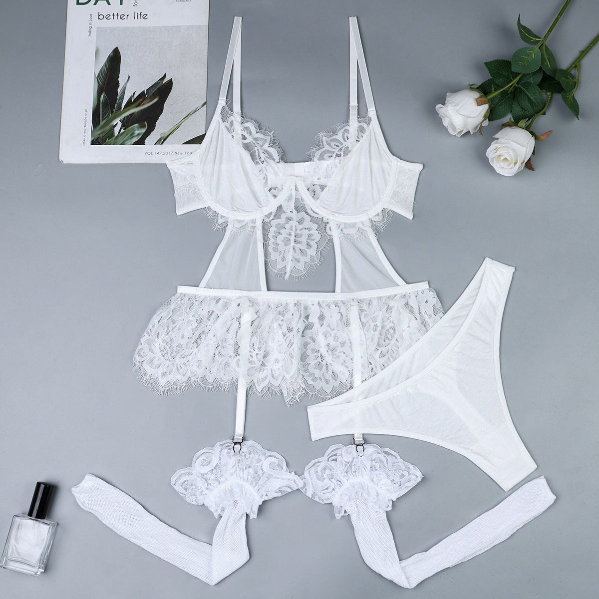 White lace mesh suspender stocking set