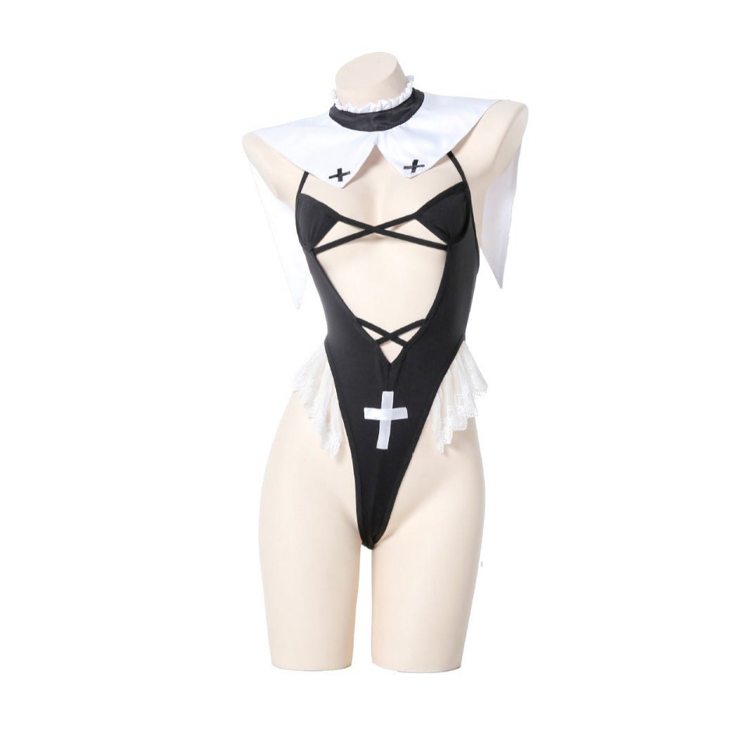 Black lace nun cosplay costume bodysuit set