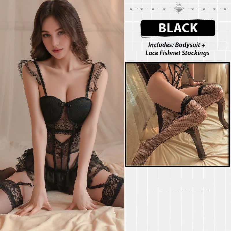 Black + Black Mesh Stockings lace padded corset lingerie set