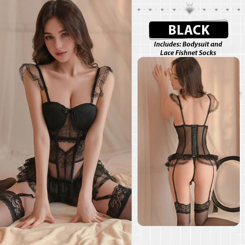 Black + Stockings lace padded corset lingerie set