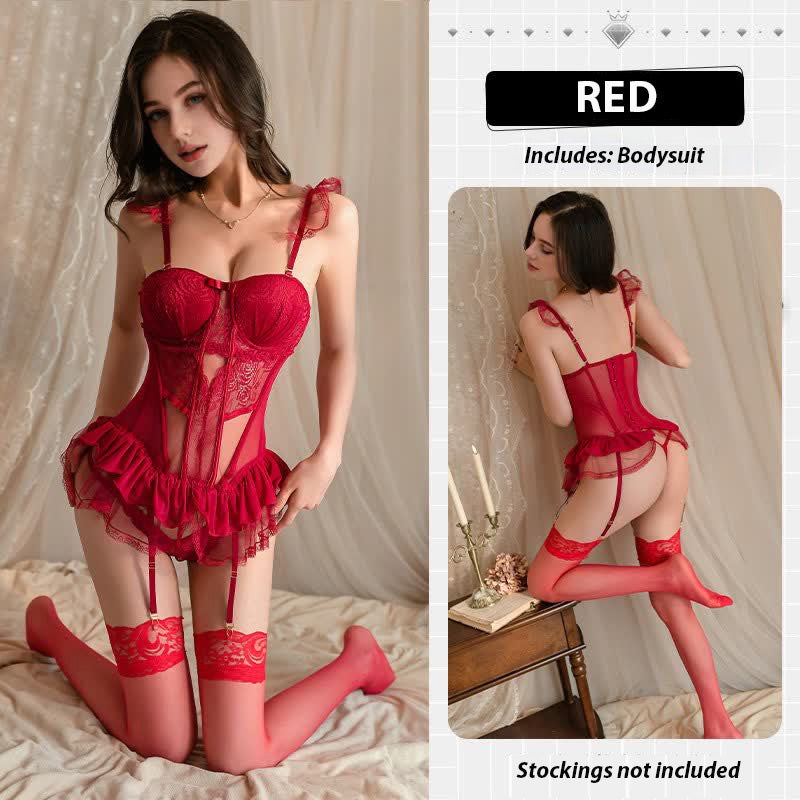 Burgundy lace padded corset lingerie set